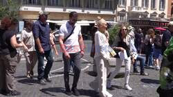 *EXCLUSIVE* American singer Gwen Stefani looks fashionable while spotted with her husband Blake Shelton enjoying some sightseeing during a family holiday in Rome.