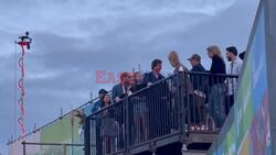 Tom Cruise and Simon Pegg seen singing with the Glastonbury crowd before Cold Play Headline the Pyramid Stage.