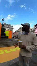 Yinki llori MBE with his vibrant installation at Piccadilly Circus this morning