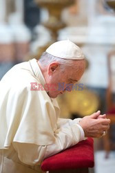 Pope Francis prays during a visit at Santa Maria Maggiore basilica